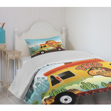 Taco Truck on Road in City Bedspread Set