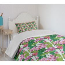 Pink Blossoms and Leaves Bedspread Set