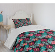 Hibiscus Monstera Leaves Bedspread Set