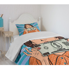 Woman Holding Dollar Bill Bedspread Set