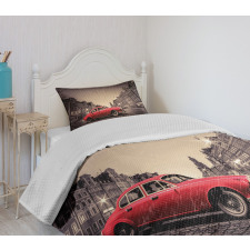 Retro Car on Cobblestone Road Bedspread Set