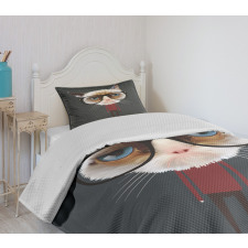 Hipster Feline with Giant Head Bedspread Set