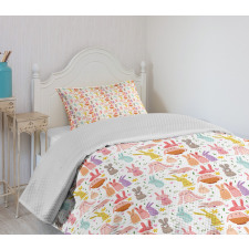 Colorful Rabbits Pink Hearts Bedspread Set