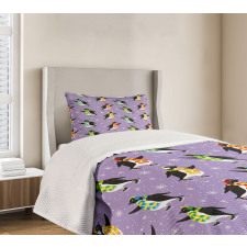 Penguins Skating Snowflakes Bedspread Set