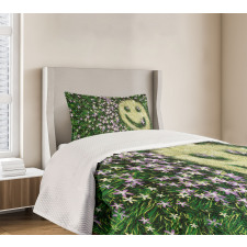 Smiley Emoticon on Grass Bedspread Set