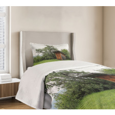 Wooden Hut in Forest Bedspread Set