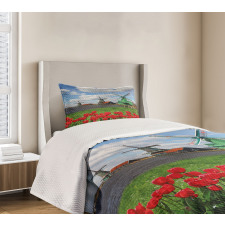 Red Color Tulips Field Bedspread Set