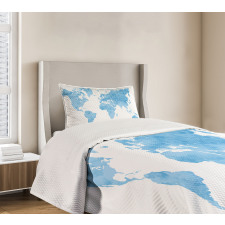 Blue Watercolor World Map Bedspread Set