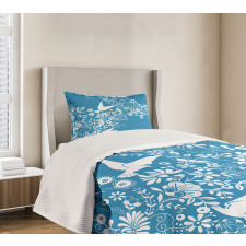 Flowers Flying Doves Asian Bedspread Set