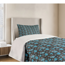 Blue Blossoms on Grid Bedspread Set
