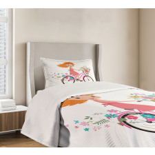 Happy Girl on Bike Flowers Bedspread Set