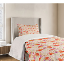 Plants and Hibiscus Flowers Bedspread Set