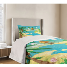 Beach View Cartoon Design Bedspread Set