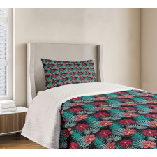 Hibiscus Monstera Leaves Bedspread Set