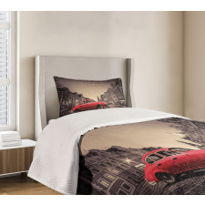 Retro Car on Cobblestone Road Bedspread Set