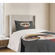 Hipster Feline with Giant Head Bedspread Set