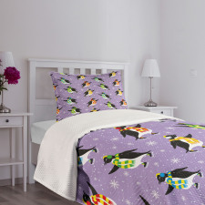 Penguins Skating Snowflakes Bedspread Set