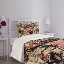 Floral Skull and Wolves Bedspread Set