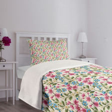 Shabby Plant Leaves Buds Bedspread Set