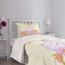 Happy Cat Bird Flowers Bedspread Set