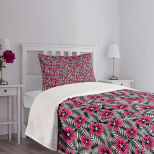 Pink Hibiscus Modern Leaf Bedspread Set