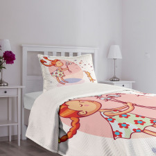 Cartoon Girl and Cat Bedspread Set