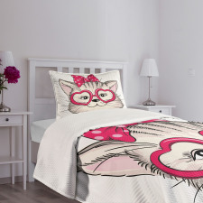 Heart Shape Glasses Bow Bedspread Set