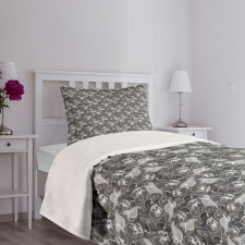 Greyscale Skulls Doodle Bedspread Set