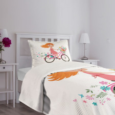 Happy Girl on Bike Flowers Bedspread Set