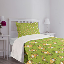 Rabbits Carrots on Green Bedspread Set