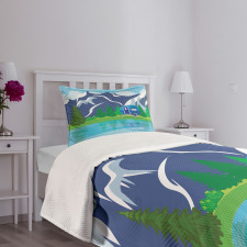 Cartoon Lake Landscape Bedspread Set