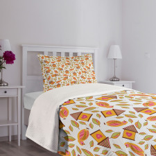 Birds Tiny Houses and Leaves Bedspread Set