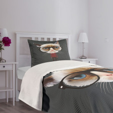 Hipster Feline with Giant Head Bedspread Set