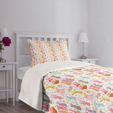 Colorful Rabbits Pink Hearts Bedspread Set