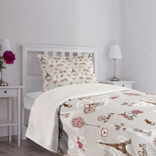 Vespa Bikes Eiffel Hearts Bedspread Set