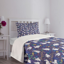 Floral Bunnies Poses Bedspread Set