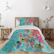 Cartoon Europe Map Landmark Bedspread Set