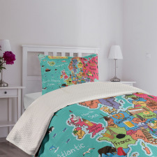 Cartoon Europe Map Landmark Bedspread Set