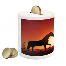 Horses Silhouette on Sunset Piggy Bank