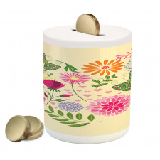 Colorful Flowers Butterflies Piggy Bank