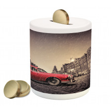 Retro Car on Cobblestone Road Piggy Bank