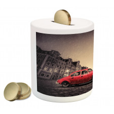 Retro Car on Cobblestone Road Piggy Bank