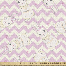 Hayvan Parça Kumaş Pembe Beyaz Zikzaklardaki Tavşanlar Desenli