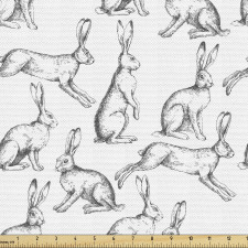 Hayvan Parça Kumaş Beyaz Fon Üzerindeki Gri Tavşanlar Desenli
