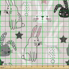 Çizgi Film Parça Kumaş Pembe Fonda El Çizimi Sevimli Tavşanlar