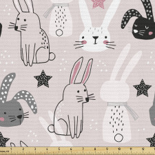 Çizgi Film Parça Kumaş Pembe Fonda El Çizimi Sevimli Tavşanlar