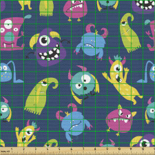 Çizgi Film Parça Kumaş Mavi Fon Üzerindeki Rengarenk Canavarlar