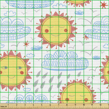 Gökyüzü Parça Kumaş Gülen Suratlı Güneşler ve Desenli Bulutlar