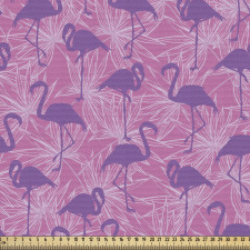 Canlı Parça Kumaş Botanik Yaprak Silüetli Zemindeki Flamingolar