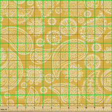 Bitki Parça Kumaş Sarı Zeminde Çizgisel Etnik Detaylı Yapraklar